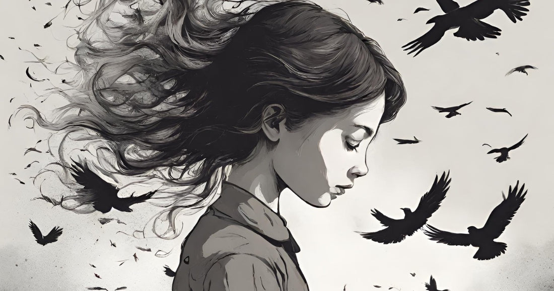 Sad girl with birds flying around her.